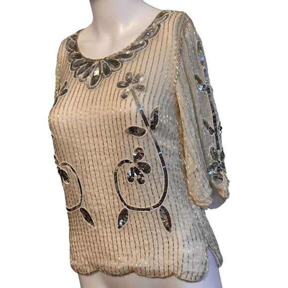 Vintage 60s Ivory Sequin Floral Beaded Silk Top Sz M 3/4 Sleeve Scalloped Beaded - Picture 4 of 16